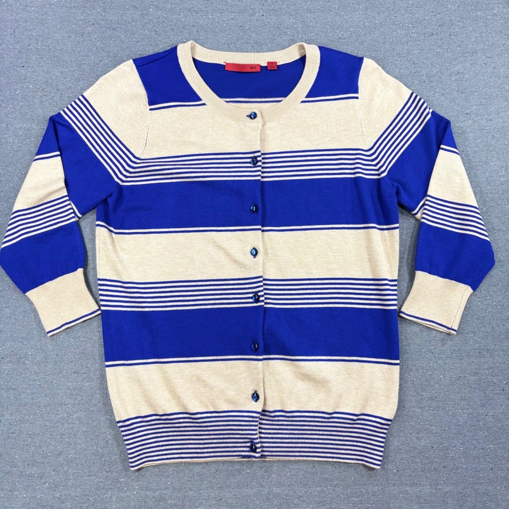 RED Cardigan Men Adult Medium Blue Tan Striped RG71222 Button Up Knit Sweater